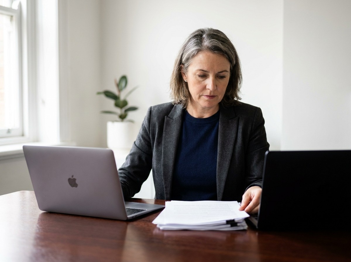 Financial planner at desk, focused and professional — editorial portrait