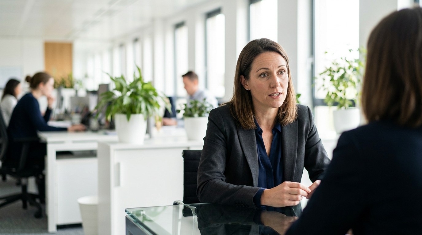 Financial planner in a modern office, mid-conversation with a client — editorial portrait style